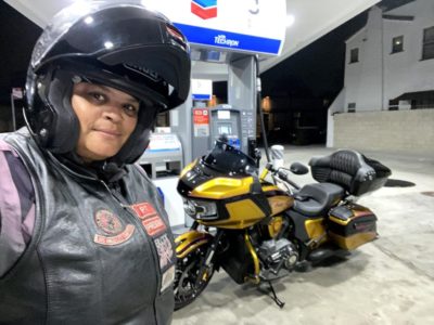 Porsche Taylor, founder Black Girls Ride. Gas and coffee break on the road to Washington.