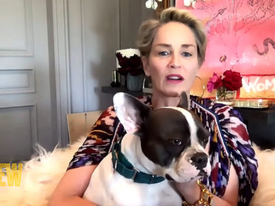 Sharon Stone with Bandit Stone during interview on the Drew Barrymore Show.